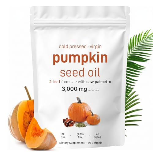 Pumpkin Seed Oil Capsules with Saw Palmetto 3000mg Cold Pressed for Hair Growth & Prostate Support Vegan High Strength (180 capsules)
