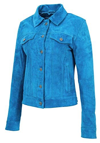 Veste de camionneur en daim Marisa bleu sarcelle : cuir véritable haut de gamme femme taille 48