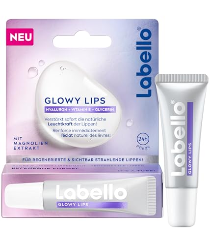Labello Glowy Lips – Ultra leichte Lippenpflege für 24h Feuchtigkeit und Pflege, regenerierender Lipgloss mit Hyaluron, Vitamin E und Magnolien-Extrakt für gepflegte und strahlende Lippen (10 ml)