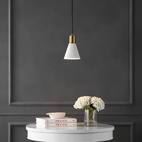 Image of JONATHAN Y Apollo Mid-Century 1-Light Pendant 6 inch, White /Brass Gold | Modern, Adjustable Height, Metal Cone Shade, Kitchen Island, Hallway, UL Listed, Slope-Compatible, LED Bulb Included