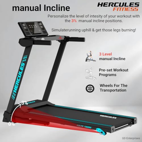 Image of Hercules Fitness T2200 1.5 /3.0 HP Peak BLDC Motorized Foldable Treadmill | 3 Level Manual Incline | Bluetooth MP3 Player Available | Max Speed 16 Km /Hr | Max User Weight 110 Kg