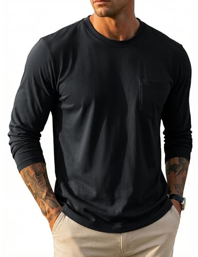 MAGCOMSEN Men's Long Sleeve T-Shirt Cotton Crew Neck T-Shirts Moisture Wicking Breathable Casual Tops with Pocket,Black,L
