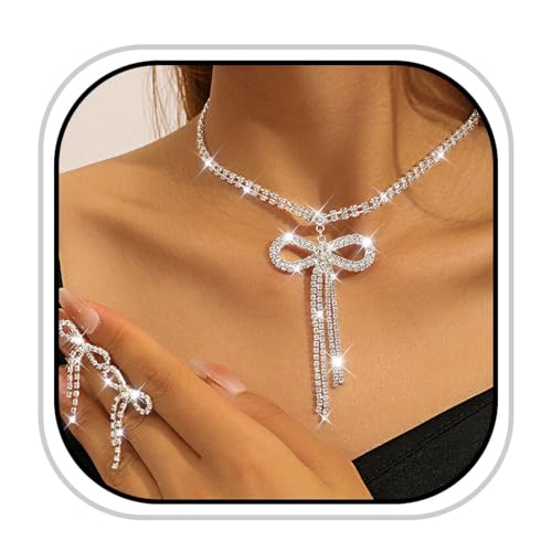 JEAIRTS Rhinestone Bow Jewelry Set Sparkly Bowknot Necklace and Earrings Crystal Prom Jewelry Sets for Women