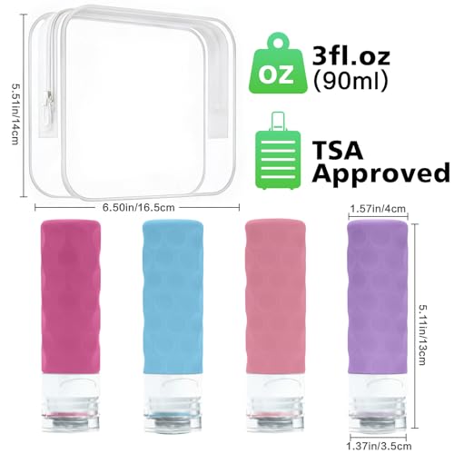 Image of Silevoler Travel Bottles for Toiletries, 4pcs Tsa Approved 3oz Travel Size Containers, BPA Free Leak Proof Premium Silicone Bottles, Refillable Liquid Squeezable Accessories W /Toiletry Bag (Vibrant)