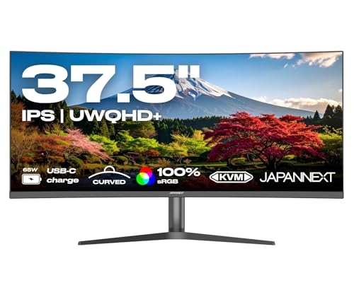 JapanNext Monitor Curvo 37,5 IPS UWQHD+ (3840x1600) | HDR | Ricarica via USB-C (65W) Altezza e inclinazione regolabili Altoparlanti integrati | 100% sRGB G-Sync/FreeSync | JN-IPSC3752UWQHDPR-H-C65W