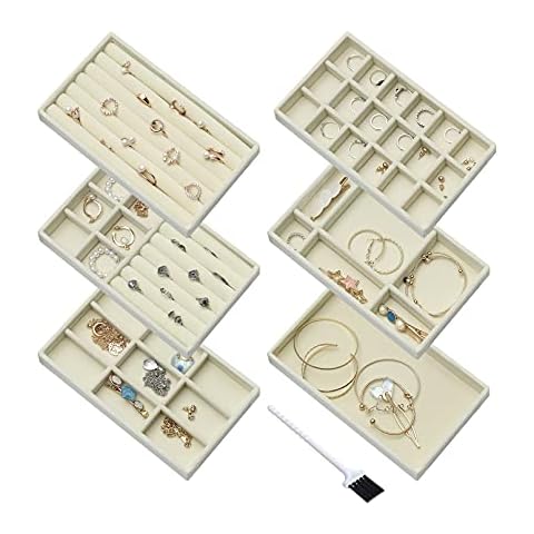 Nwvuop 6 Stück Schmucktablett Samt Stapelbar Schmuck aufbewahrung organizer fur Ring ohrringe ketten Schmucktablett für Schublade Beige Cover