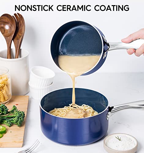 Michelangelo Saucepan Set, 1Qt & 2Qt Ceramic Sauce Pan With Lid, Nonstick Saucepans With Lids, Small Pot With Stainless Steel Handle, Oven Safe, Blue #TOP1