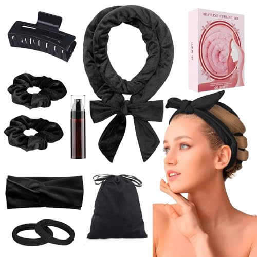 Bigodino per Boccoli - Fascia Morbida Curler in Velluto per Capelli Lunghi, Senza Calore (Nero)