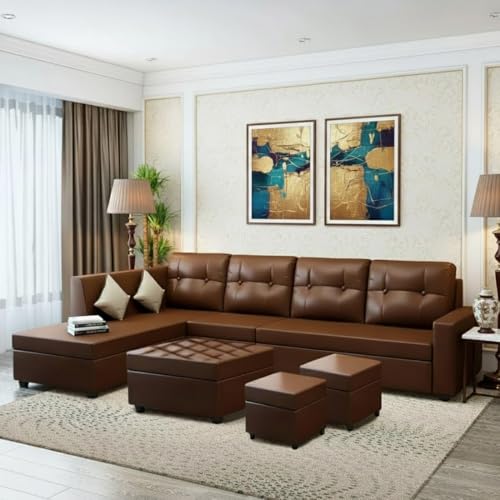 Image of FURNY Nathan 8 Seater Leatherette LHS L Shape Sofa Set with 1 Centre Table & 2 Puffy (Brown) Premium Finish | Durable Comfort | Ideal for Living Room