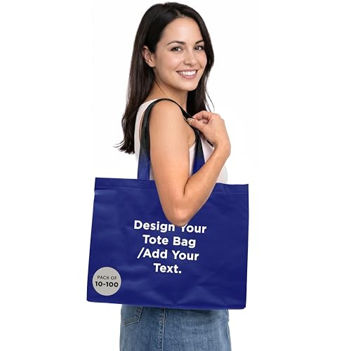 DISCOUNT PROMOS Custom Jumbo Sized Tote Bags Set of 100, Personalized Bulk Pack - Reusable Grocery Bags, Shopping Bags, Promotional Item Totes for Women - Blue