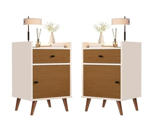 Kit 2 Mesas de Cabeceira Retro 1 Gaveta e 1 Porta - Pix - Perola/Nature - TuttiCasa