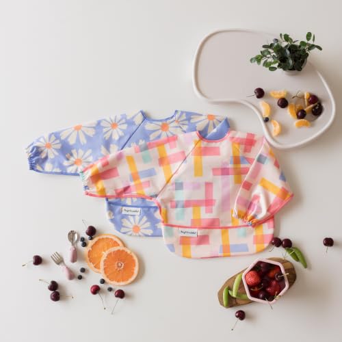 Image of Tiny Twinkle Long Sleeve Bib for Babies&Toddlers|2-Pack Waterproof Smock Bib for Eating|Machine Washable&Mess-Proof Feeding Essentials|Newborn Shower Gift(Daisies,Playful,6-24M)