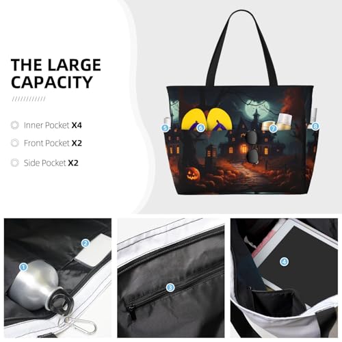 Scary Halloween Print Foldable Lightweight Family Beach Bag for Men Women Beach Tote Bag Portable Gym Bag3