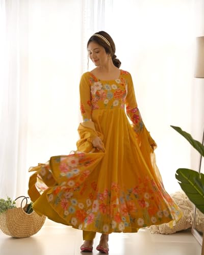 Image of KD Floral Printed Georgette Anarkali Suit for Women | Anarkali Kurta Set with Dupatta, Long Sleeve Kurti | Elegant Georgette Suit for Women Ethnic Kurti with Pant Asymmetric Hemline