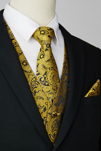 Image of HISDERN Vest and Tie Sets for Men Vests Paisley Floral Jacquard Necktie Pocket Square 3PCS Waistcoat for Suit or Tuxedo