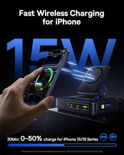 Baseus Nomos Charging Station 160W, 5-in-1 USB-C Power Strip, Qi2 Certified 15W Magnetic Wireless Charger with 100W Retractable Cable, 3 USB-C, 1 USB-A Desktop Charger for MacBook, iPad Pro, iPhone 17 image 5