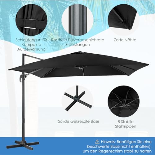 COSTWAY Parasol przeciwsłoneczny, kwadratowy, 300 x 300 cm, z korbą, parasol ogrodowy, wychylny, obracany o 360°, duży parasol tarasowy, do ogrodu, tarasu, kawiarni, czarny