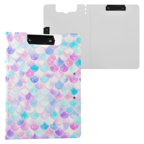 JUMBEAR Hermoso portapapeles de escamas de sirena A4 con clips dobles, tablero plegable con tapa, organizador personal ligero adecuado para hospitales, oficinas, escuelas, negocios, suministros de