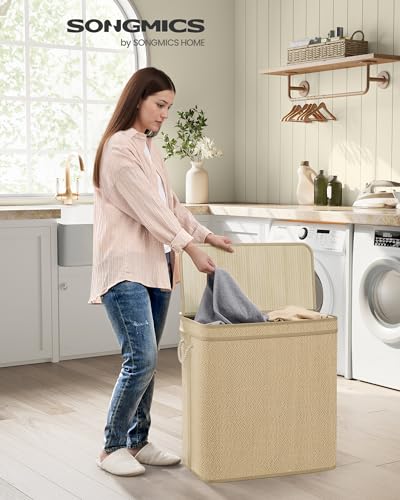 SONGMICS 2-Section Laundry Hamper With Lid, 34.3 Gal (130 L) Large Laundry Basket With 2 Removable Machine Washable Fabric Bag, Bamboo Clothes Hamper, Handles, for Bathroom, Natural Color ULCB068Y01