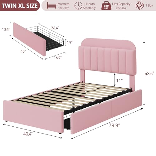 GarveeHome Twin XL Bed Frame with Storage Headboard, Girls Bed Frame with 2 Drawers, Boucle Upholstered Platform Bed with Bookcase, No Box Spring Needed, Easy Assembly, Pink