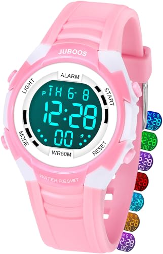 Juboos Reloj Digital para Niños Niña,Luz Intermitente LED de 7 Colores Reloj de Pulsera Niña Multifunción con Pantalla Impermeable para.Reloj Deportivo Digital para niños,3 a 15 (Rosa)