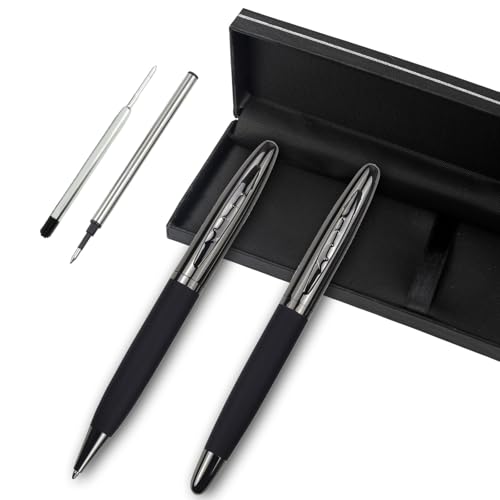 YUNCHUN STATIONERY - YUNCHUN 2PCS Retractable Ballpoint + Rollerball Pens, Medium Point Fancy Pen for Writing, Black Ink Pens with 2 Extra Refills, Gift Set for Men & Women, Business Pens with Metal Cap for Work, Black