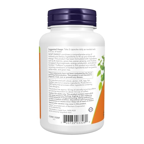 Image of NOW Foods Supplements, Energy Dietary Supplement (lncludes B Vitamins, Green Tea, Panax Ginseng and Rhodiola), Capsules, 90 Count (Pack of 12)
