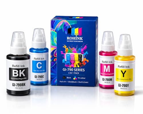 Image of ROHINK GI-790 Refill Ink for Canon PIXMA G1000, G1010, G1100, G2000, G2100, G3000, G3100, G4000, G4010 Series | Leaked Proof | Perfect Compatibility (135 ML BK,70ML C Y M)