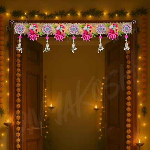 Image of Divyakosh Premium Decorative Flower Toran for Door | Handmade Artificial Floral Bandarwal with Beads & Tassels | Festive Home Decor Toran for Entrance | Traditional Wall Hanging for Diwali, 40 Inch