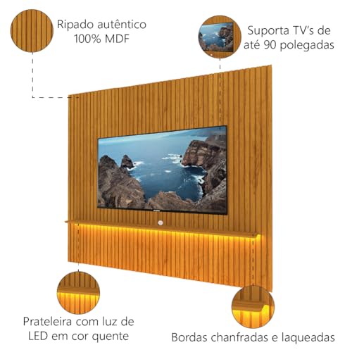 Painel Ripado Para TV Até 90 Polegadas Com Prateleira e LED Nobre Naturale Gelius