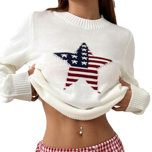 Women's American Flag Star Knit Sweater, Casual Loose Long Sleeve Pullover Sweater
