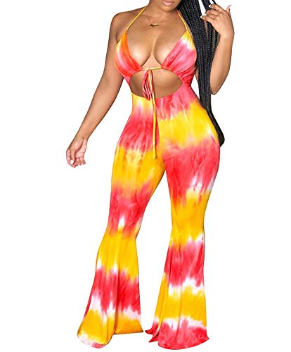 Remelon Womens Spaghetti Strap Halter Tie Dye Print Cut Out Bodycon Bell Flare Pants Club Party One Piece Jumpsuits Rompers Yellow S #TOP2