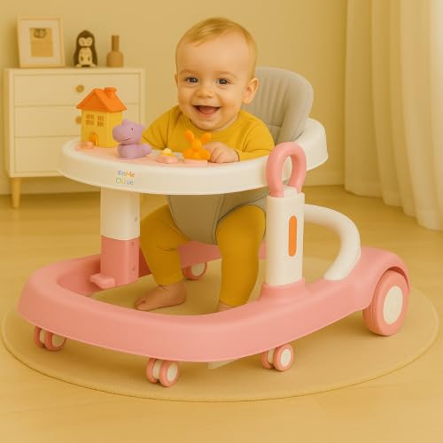 Image of Little Olive Baby Walker for Kids | Adjustable Height Baby Walking Support with Interactive Activity Toy Tray, Comfortable Padded Seat & Smooth Multi-Directional Wheels | Walker for Baby Boys & Girls - Pink