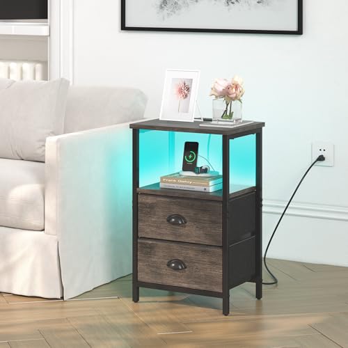 Image of sthmec Nightstand with Charging Station, LED Night Stand with 2 Fabric Drawers, Bedside Tables End Table with Drawers, 2-Tier Storage Side Table Nightstand with Drawers for Bedroom, Black Oak