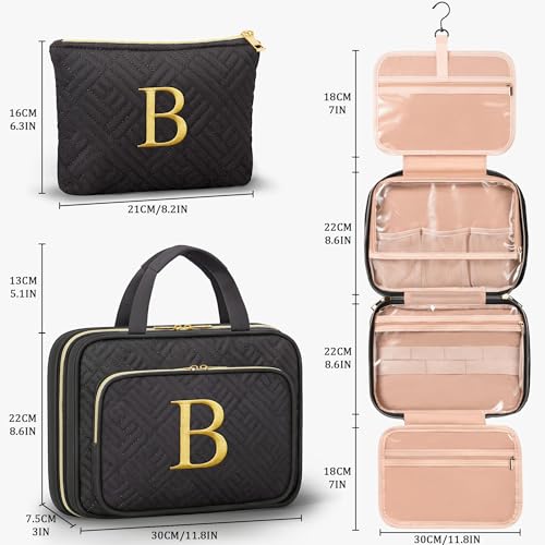 Image of Personalized Gifts for Women, Initial Toiletry Bag Hanging Travel Organizer & Makeup Cosmetic Bag with Embroidery Letter Teacher Appreciation Gift Birthday Mothers Day Gifts for Mom Wife Friend Sister
