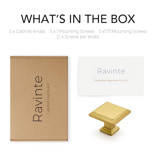 Image of Ravinte 5 Pack 1-3 /16 Inch Brushed Brass Kitchen Square Cabinet Knobs Solid Drawer Pulls Gold Single Hole Kitchen Cabinet Hardware Knobs for Cabinets and Drawers