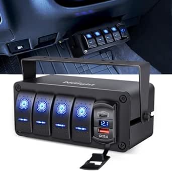 Nilight 4-Gang Rocker Switch Box with USB Charger, Voltmeter, Waterproof Aluminum Panel for Vehicles and Marine Use