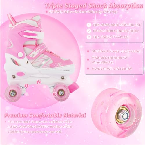 LIRENGUI Girls Roller Skates for Kids Children Beginner, Adjustable Kids Roller Skates with All Light Up Wheels for Sports, Pink & White (Small 11C-1 US) - image 5