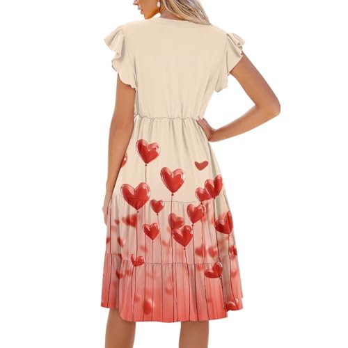 Image of Women's Casual Ruffle Sleeve Dress V Neck Pullover Dress Flowy A-Line Pleated Lightweight Dress with Pockets