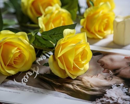 Image of Dekorly Artificial Fake Roses Flowers - 10 Pcs Fake Artificial Roses Silk Flowers with Stems for Home Room Tabletop Wedding Hotel Office Centerpiece Decor | Height 18 Inch (Yellow)