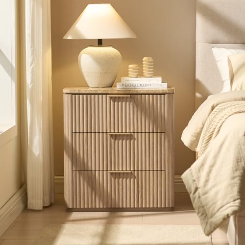Image of 3 Sided Fluted Nightstand with Faux Marble Top, Modern Bedside Table | End Tables Bedroom, Bed Side Table, Night Table, FSC-Certified, 3 Drawers, Rounded Corner, Metal Handle, Natural Oak
