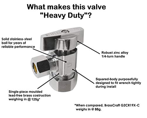 Image of Heavy Duty 1 /4 Quarter Turn Angle Shut Off Valve Squared Body 1 /2 in. NOM Comp Inlet x 3 /8 in. OD Compression Outlet Chrome Plated Brass (5 Pack)