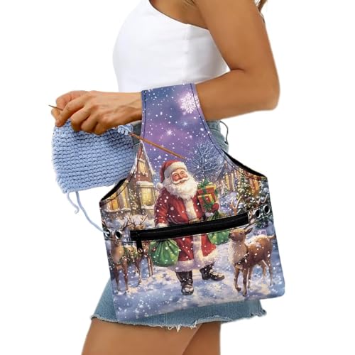 Image of KUIFORTI Santa Claus Christmas Yarn Bag Moose Portable Crochet Bag Organizer Portable for Crocheting Knitting Accessories Home Gifts, Size L