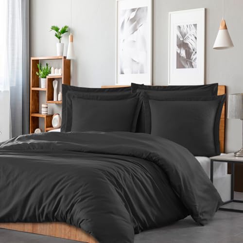 Housse de couette satin de coton 240x220 cm anthracite réversible rayée VERSALUXE - 3