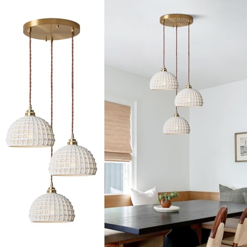 Image of 3 Light Vintage White Ceramic Pendant Lights Mid Century Modern Brass Ceiling Light Fixture Minimalist Dome Pendant Light for Kitchen Island Bedside Living Room