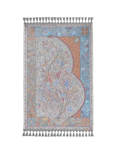 Alfombra turca de oración tradicional gris azul con flecos y flores 2