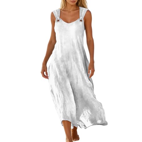 Image of Generisch Elegant Solid Color Casual Summer Flowy Midi Dress with V-Neck Ruffle Sleeves, White, L