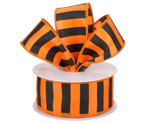Image of Halloween Striped Wired Edge Ribbon - 1 1 /2 inch x 10 Yards, Orange & Black Stripes, Decorations, Swag, Presents, Gift Bow, Fall Decor, Autumn Wreath, Thanksgiving, Easter