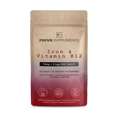 FS Iron Tablets with B12 | 240 High Strength Iron Supplements - 14mg with 2.5µg B12 per Serving | Non-GMO, Gluten & Allergen Free | Made in The UK
