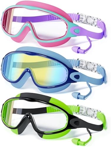 CMBJJU 3 Pack Swimming Goggles, Kid Goggles with Earplugs Large Frame Anti-Fog/UV Wide View Swim Goggles Boys Girls 6-14 (3PACK-Purple+Colorful Blue+Green-SG09)